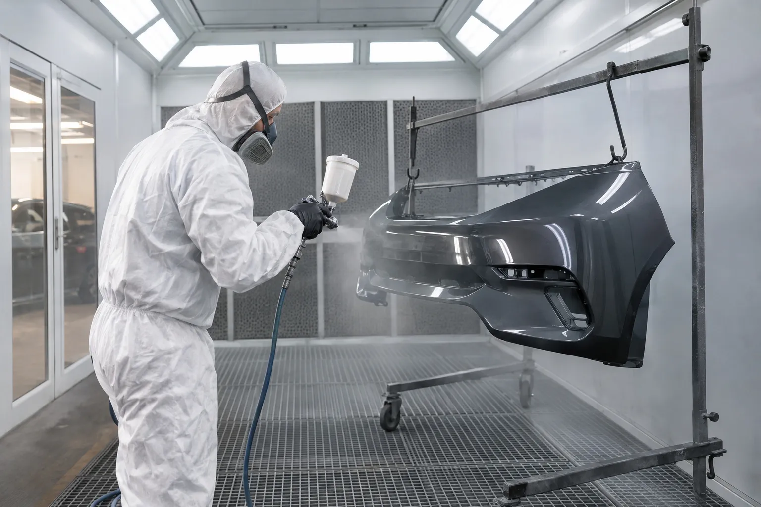 Cabine de peinture professionnelle : un peintre en combinaison blanche et masque vernit un pare-chocs posé sur un support, brume de peinture dans l'air