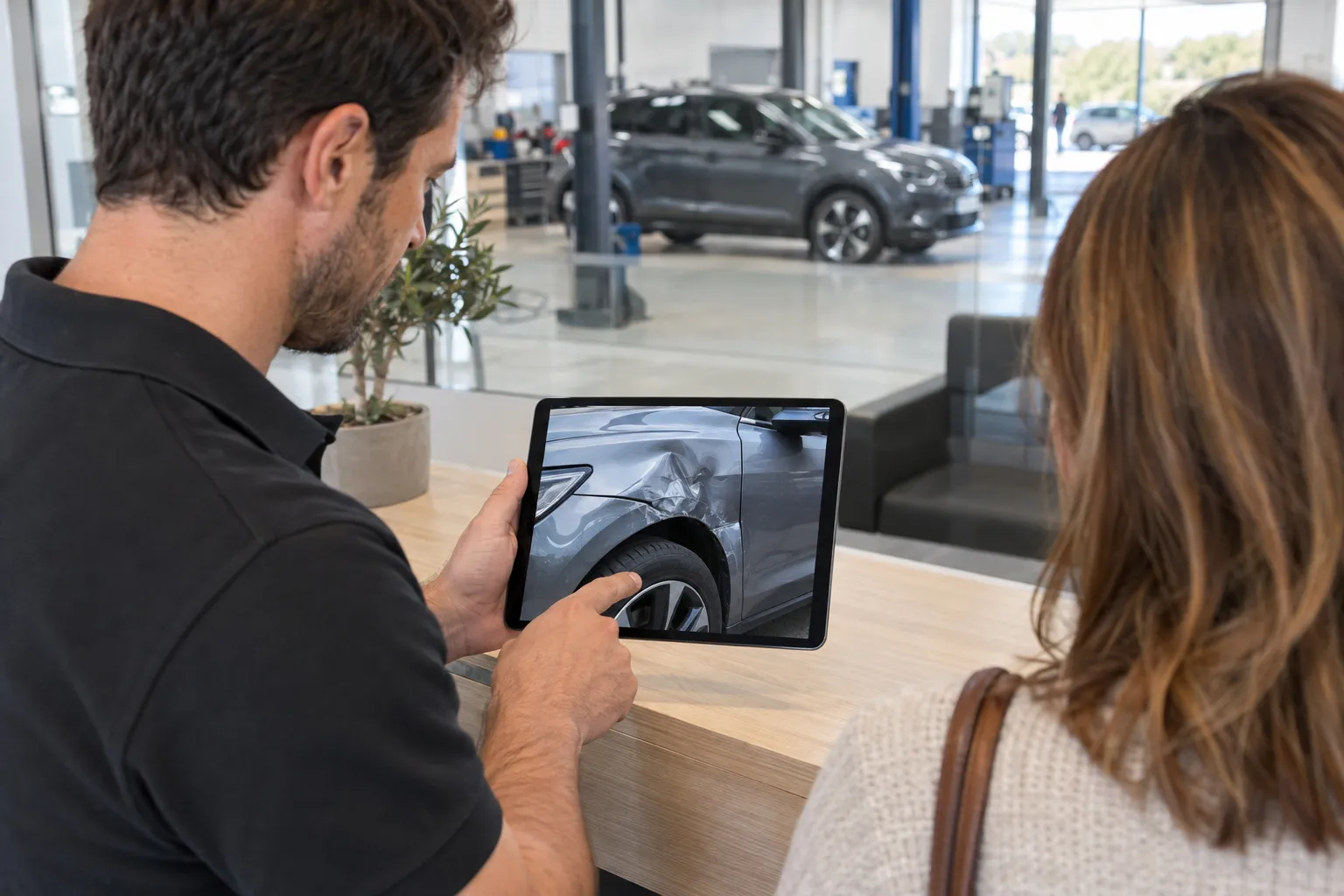 Accueil d'un atelier de carrosserie : un conseiller montre un devis sur une tablette à une cliente, vue de dos, voiture visible derrière une cloison vitrée