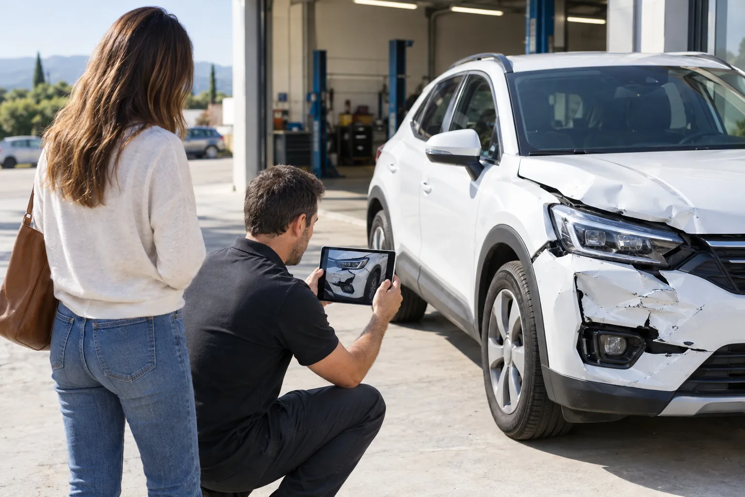Un conseiller accroupi photographie à la tablette l'avant enfoncé d'un SUV blanc devant l'atelier, une cliente à ses côtés