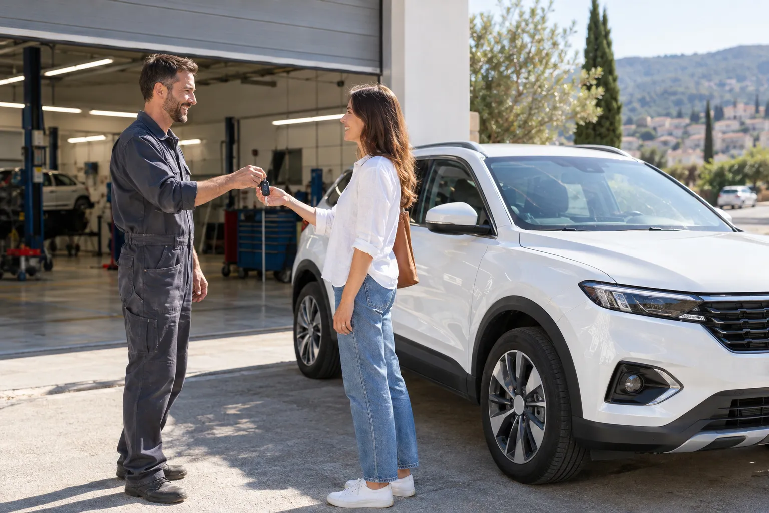 Devant la porte de l'atelier, un carrossier souriant remet les clés d'un SUV blanc à une cliente, dossier d'assurance réglé