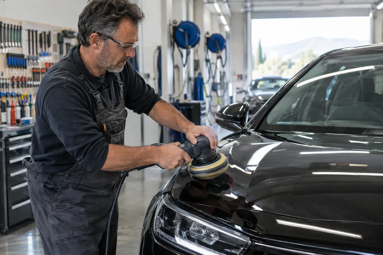 Un carrossier lustre le capot d'une berline noire à la polisseuse orbitale, finition brillante dans un atelier lumineux