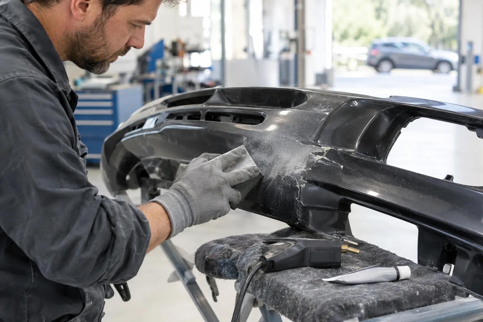 Un carrossier ponce la zone fendue d'un pare-chocs noir posé sur un support, avec son outil de soudure plastique et son mastic à côté