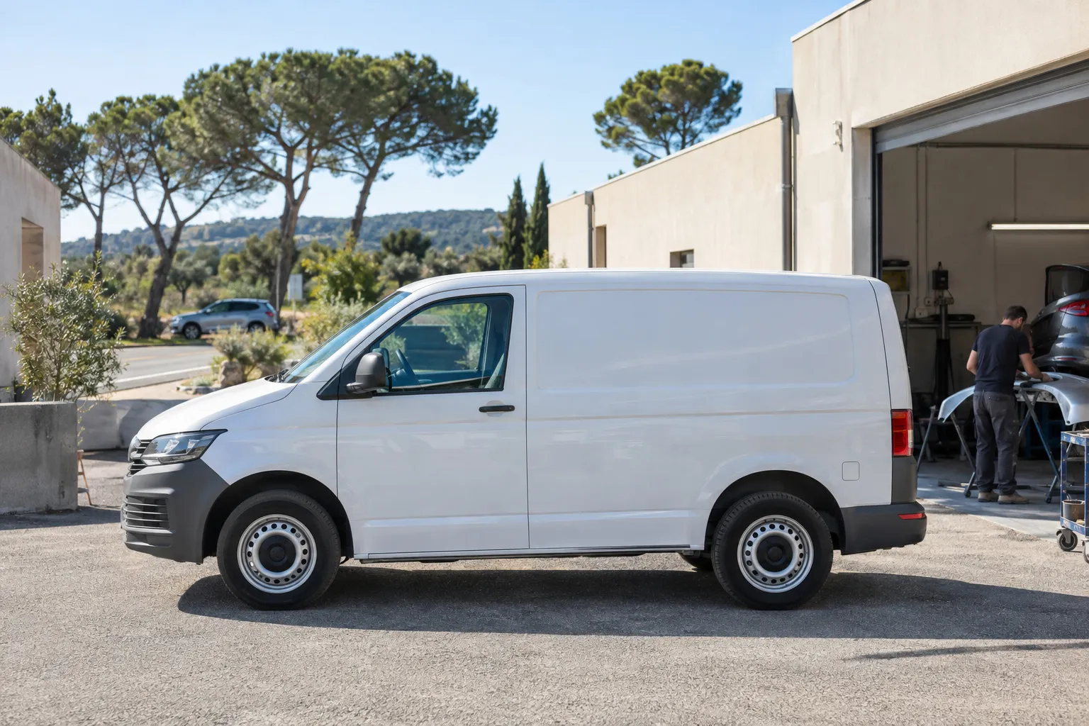 Camionnette blanche devant des bâtiments d'une zone d'activité provençale, route et pins au fond